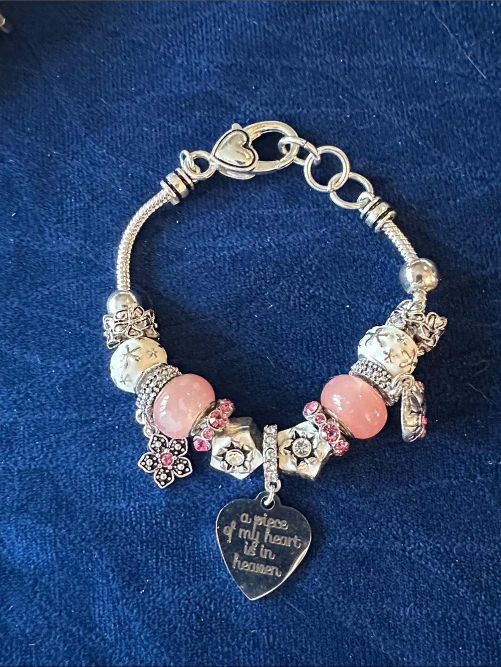 Silver Pink Bead Charm Bracelet with Heart Pendant